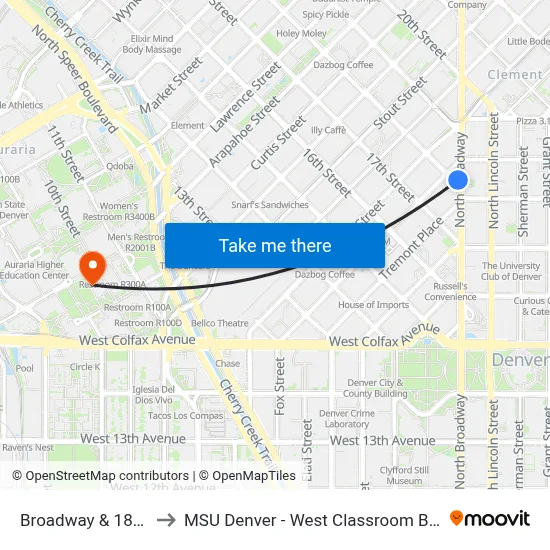 Broadway & 18th St to MSU Denver - West Classroom Building map