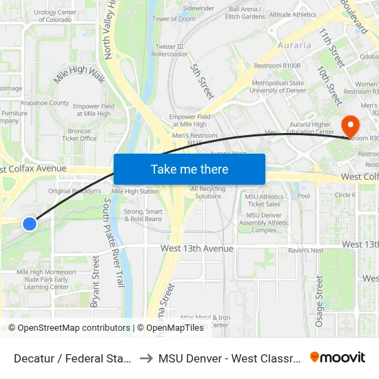 Decatur / Federal Station Gate C to MSU Denver - West Classroom Building map