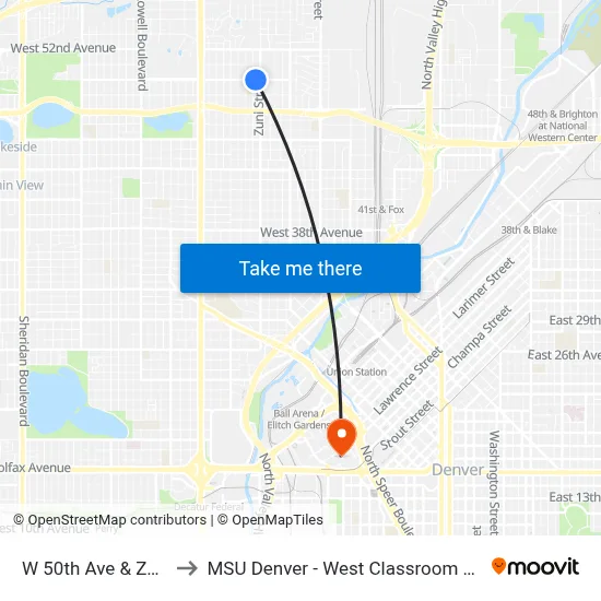 W 50th Ave & Zuni St to MSU Denver - West Classroom Building map