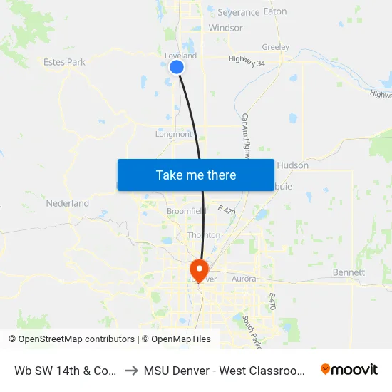 Wb SW 14th & Colorado to MSU Denver - West Classroom Building map