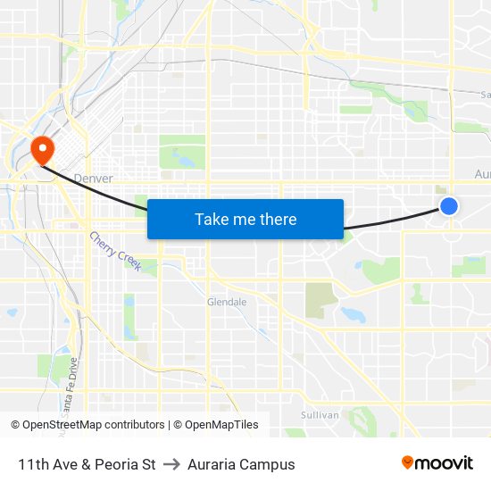 11th Ave & Peoria St to Auraria Campus map