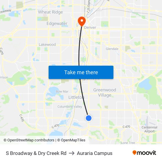 S Broadway & Dry Creek Rd to Auraria Campus map