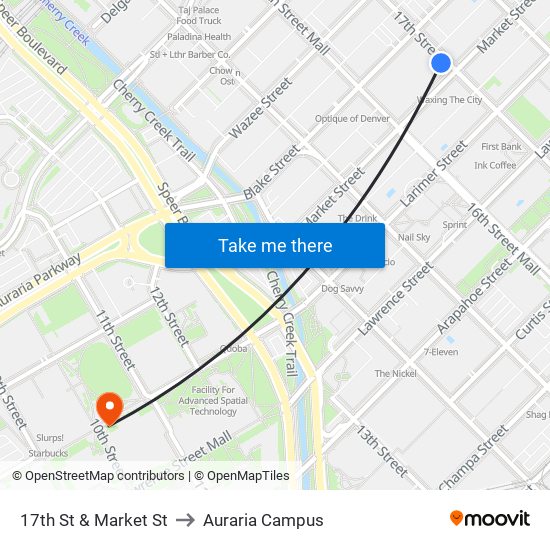 17th St & Market St to Auraria Campus map