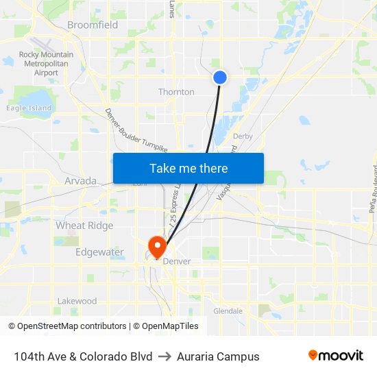 104th Ave & Colorado Blvd to Auraria Campus map