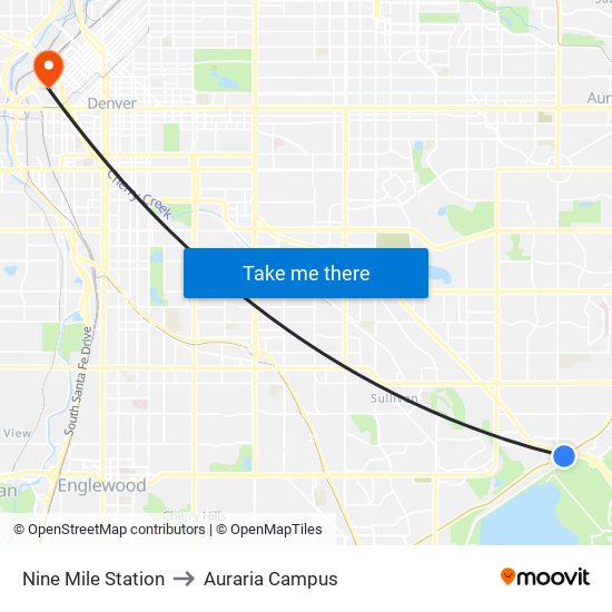 Nine Mile Station to Auraria Campus map