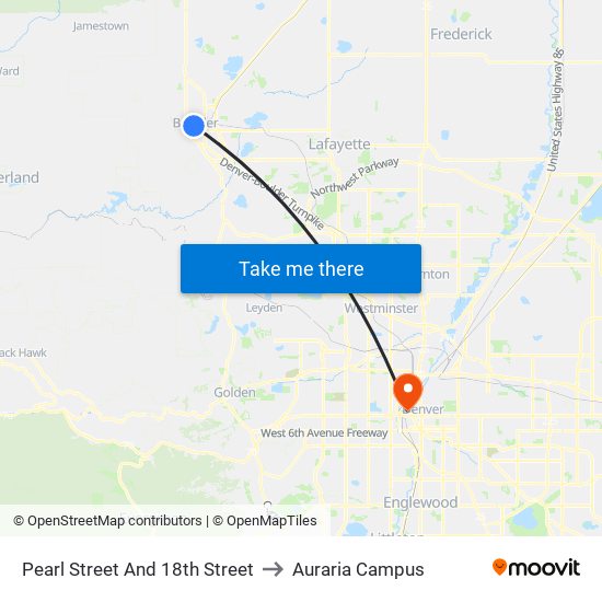 Pearl Street And 18th Street to Auraria Campus map