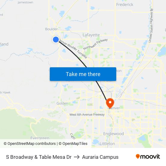 S Broadway & Table Mesa Dr to Auraria Campus map