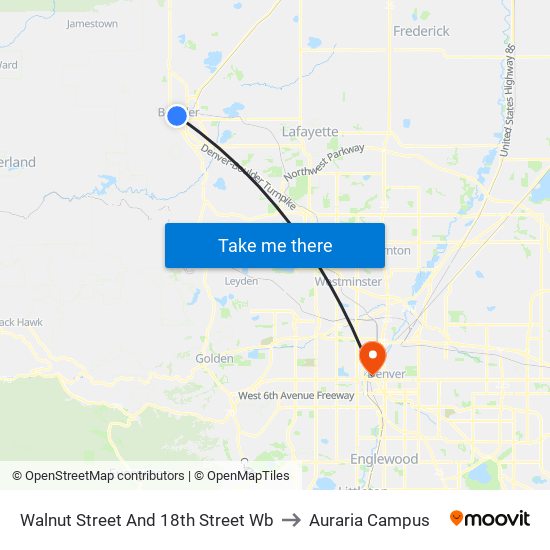 Walnut Street And 18th Street Wb to Auraria Campus map