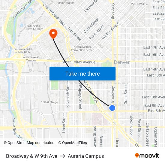 Broadway & W 9th Ave to Auraria Campus map