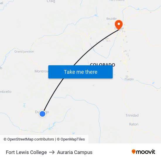 Fort Lewis College to Auraria Campus map