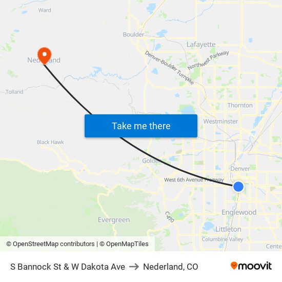 S Bannock St & W Dakota Ave to Nederland, CO map