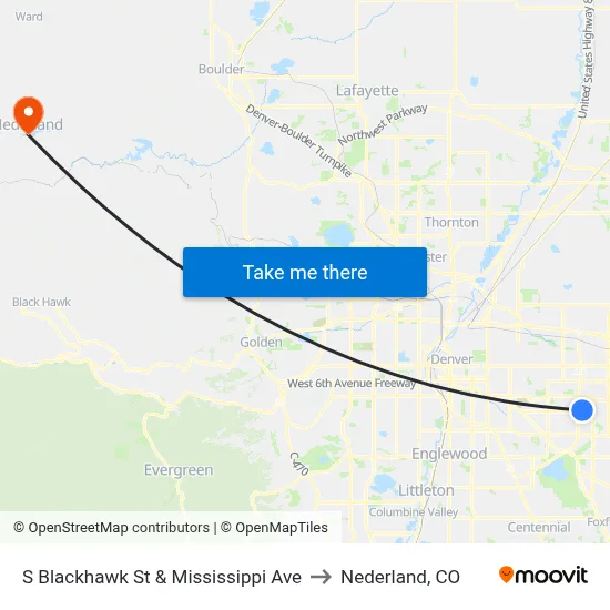 S Blackhawk St & Mississippi Ave to Nederland, CO map
