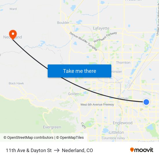 11th Ave & Dayton St to Nederland, CO map