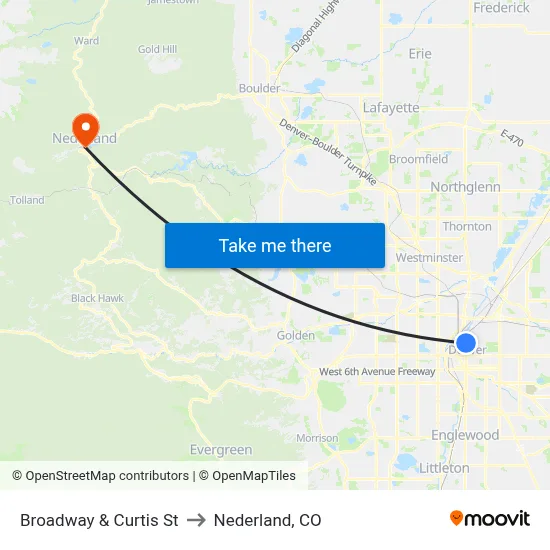 Broadway & Curtis St to Nederland, CO map