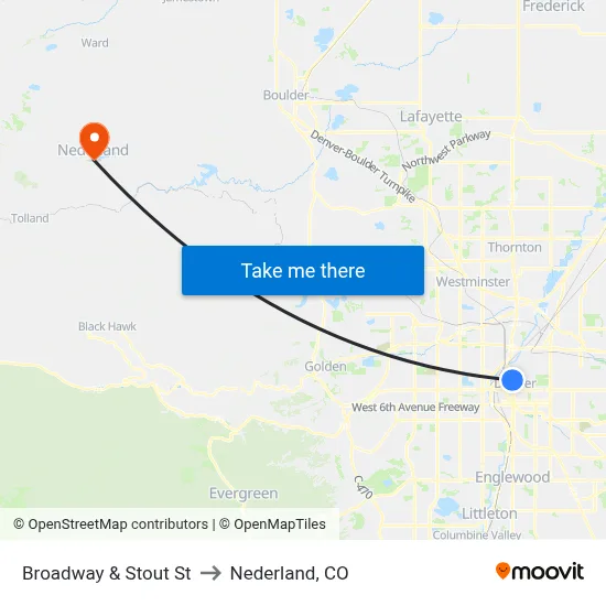 Broadway & Stout St to Nederland, CO map