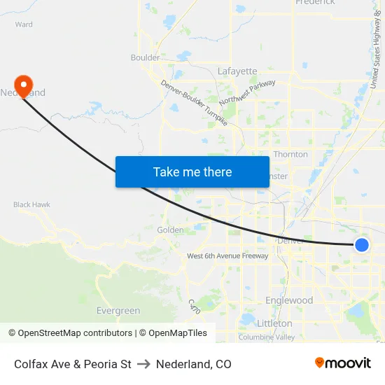 Colfax Ave & Peoria St to Nederland, CO map