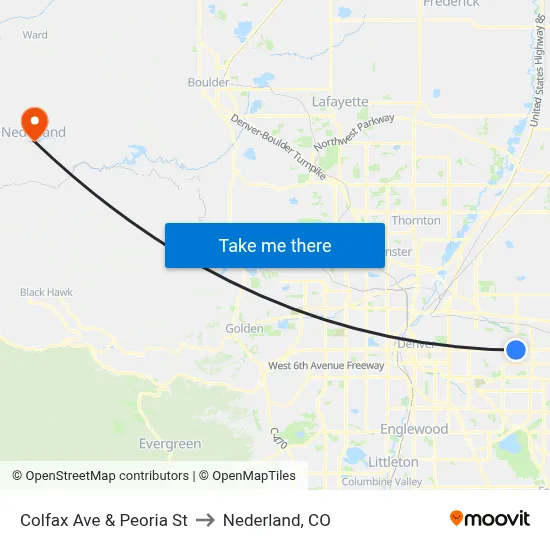 Colfax Ave & Peoria St to Nederland, CO map