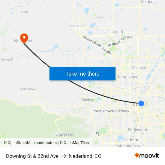 Downing St & 22nd Ave to Nederland, CO map