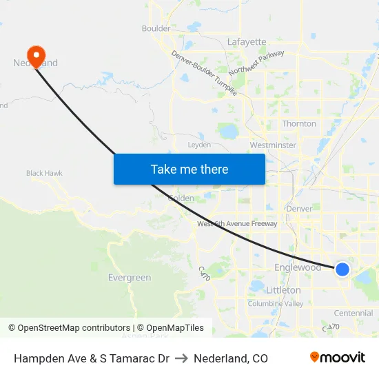 Hampden Ave & S Tamarac Dr to Nederland, CO map