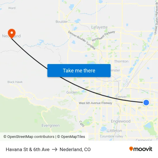Havana St & 6th Ave to Nederland, CO map