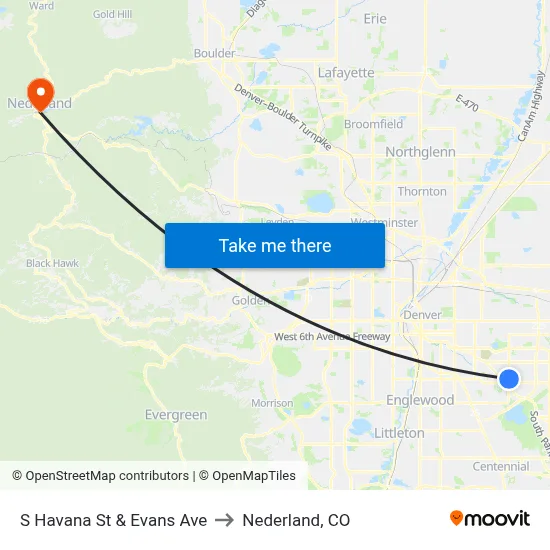 S Havana St & Evans Ave to Nederland, CO map