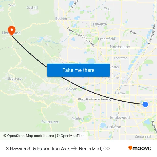 S Havana St & Exposition Ave to Nederland, CO map