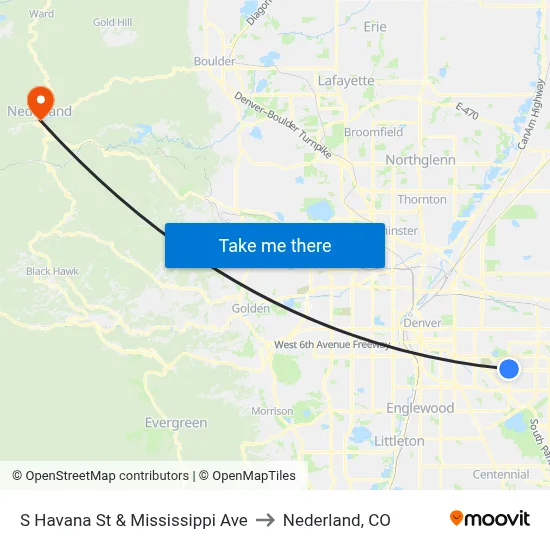 S Havana St & Mississippi Ave to Nederland, CO map