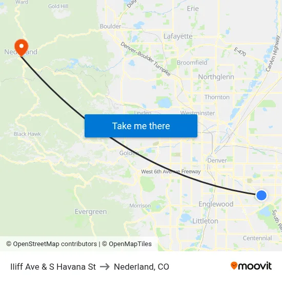 Iliff Ave & S Havana St to Nederland, CO map