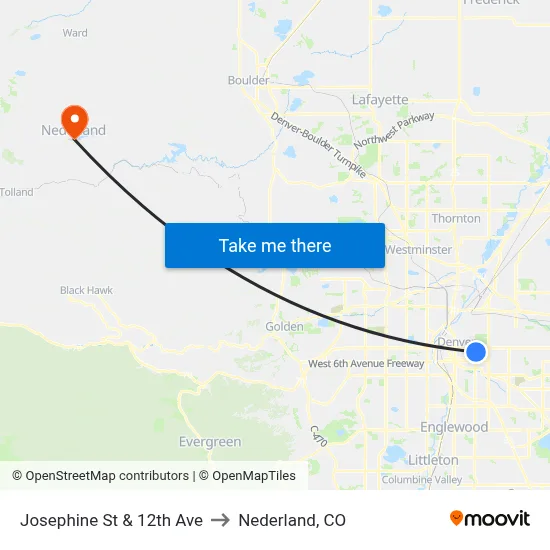 Josephine St & 12th Ave to Nederland, CO map