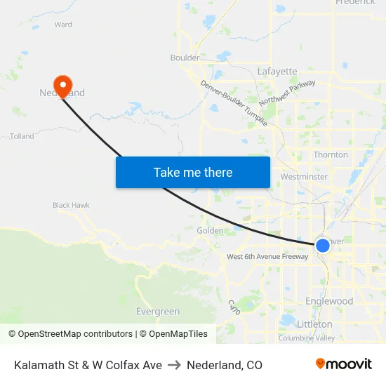 Kalamath St & W Colfax Ave to Nederland, CO map