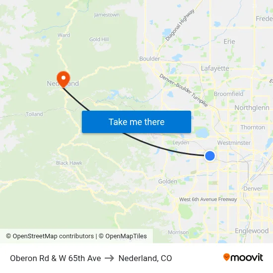 Oberon Rd & W 65th Ave to Nederland, CO map