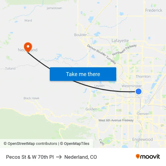 Pecos St & W 70th Pl to Nederland, CO map