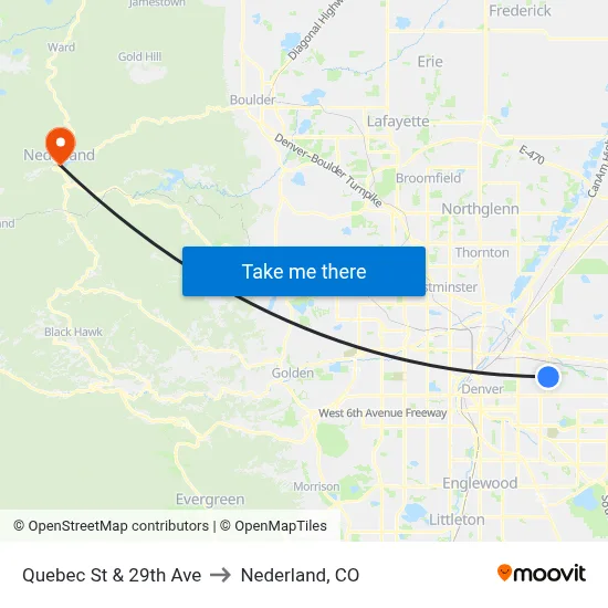 Quebec St & 29th Ave to Nederland, CO map