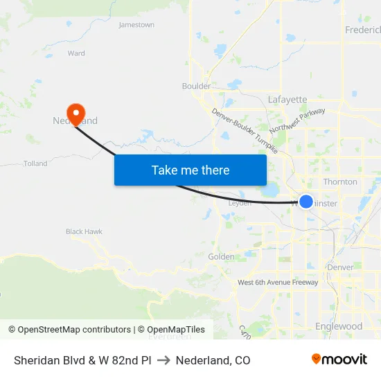 Sheridan Blvd & W 82nd Pl to Nederland, CO map