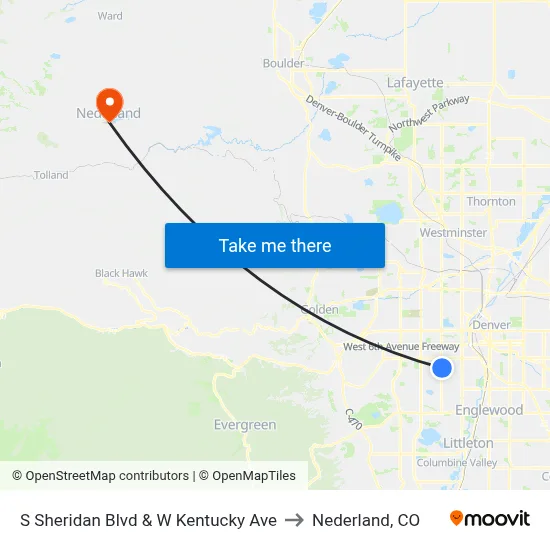 S Sheridan Blvd & W Kentucky Ave to Nederland, CO map