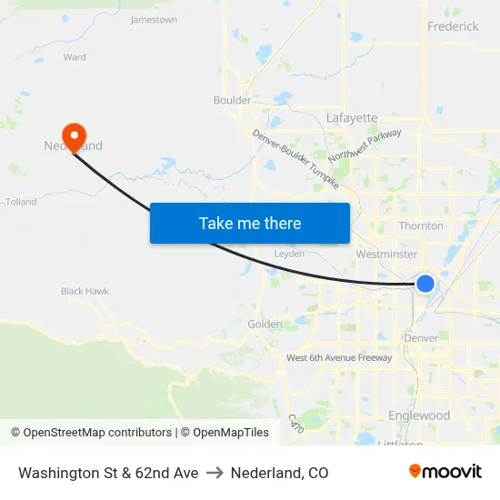 Washington St & 62nd Ave to Nederland, CO map