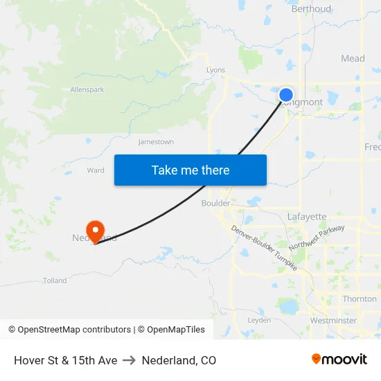 Hover St & 15th Ave to Nederland, CO map