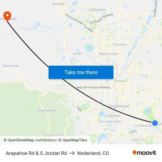 Arapahoe Rd & S Jordan Rd to Nederland, CO map