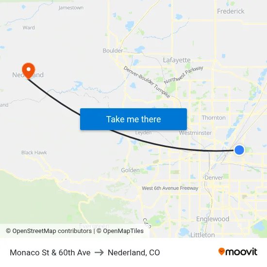 Monaco St & 60th Ave to Nederland, CO map