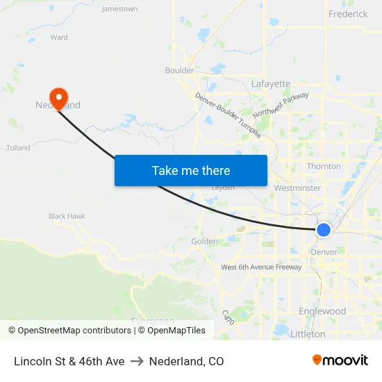 Lincoln St & 46th Ave to Nederland, CO map