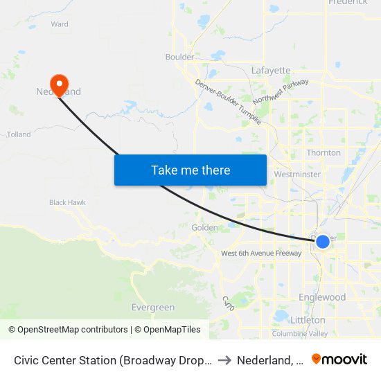 Civic Center Station (Broadway Drop-Off) to Nederland, CO map