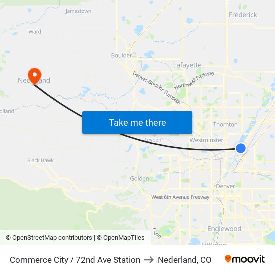 Commerce City / 72nd Ave Station to Nederland, CO map