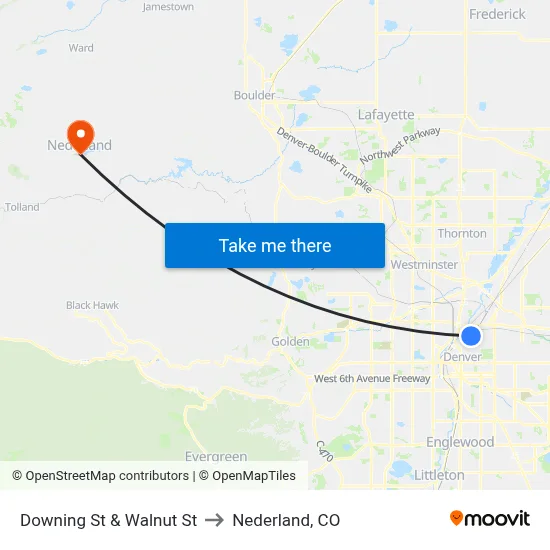 Downing St & Walnut St to Nederland, CO map