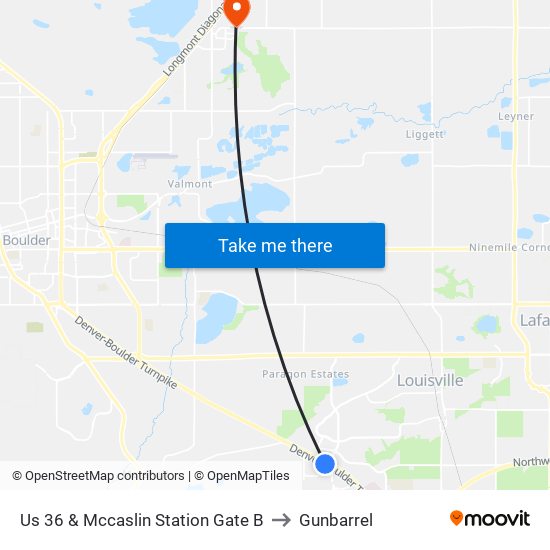 Us 36 & Mccaslin Station Gate B to Gunbarrel map