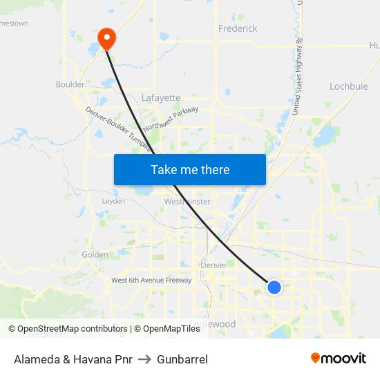 Alameda & Havana Pnr to Gunbarrel map