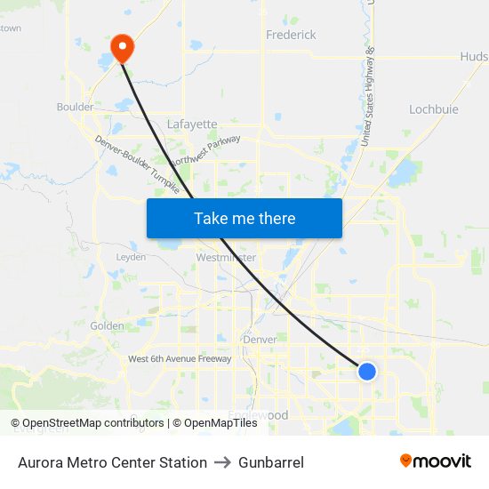 Aurora Metro Center Station to Gunbarrel map