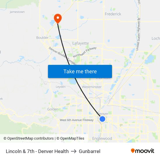 Lincoln & 7th - Denver Health to Gunbarrel map