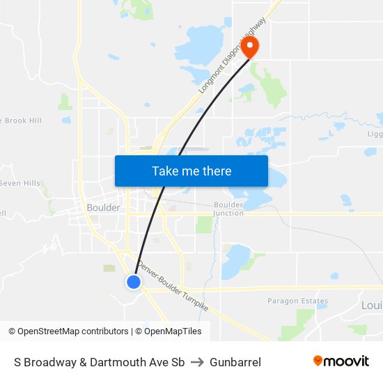 S Broadway & Dartmouth Ave Sb to Gunbarrel map