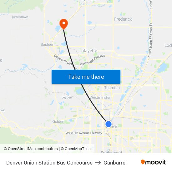 Denver Union Station Bus Concourse to Gunbarrel map