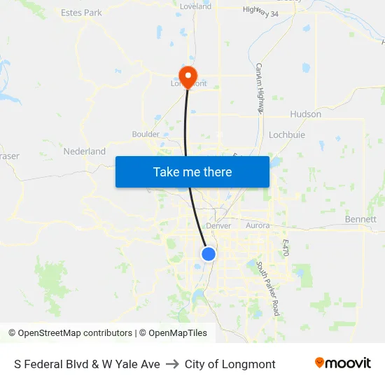 S Federal Blvd & W Yale Ave to City of Longmont map